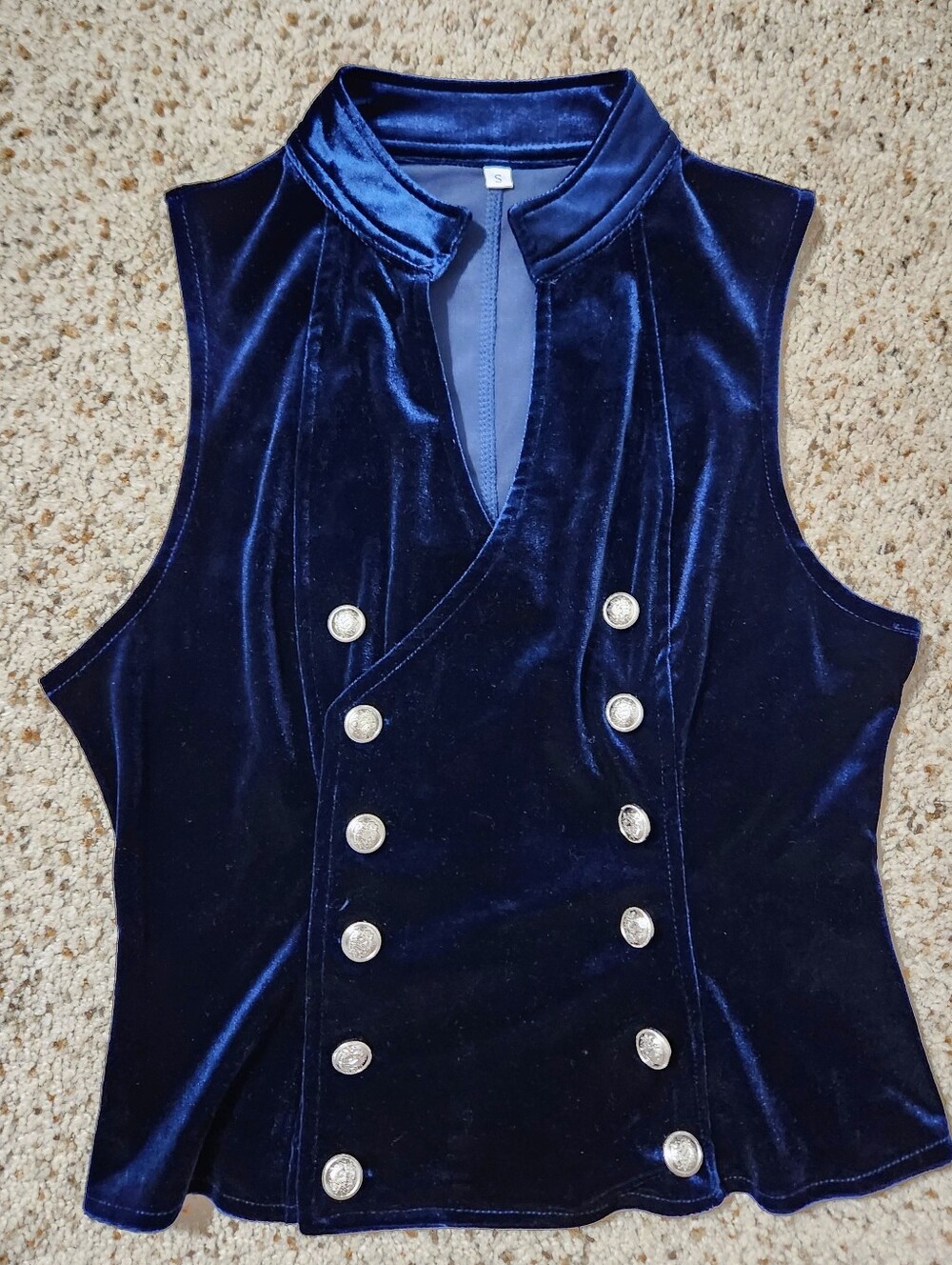 Navy Blue Velvet Military Button Sleeveless Top Small